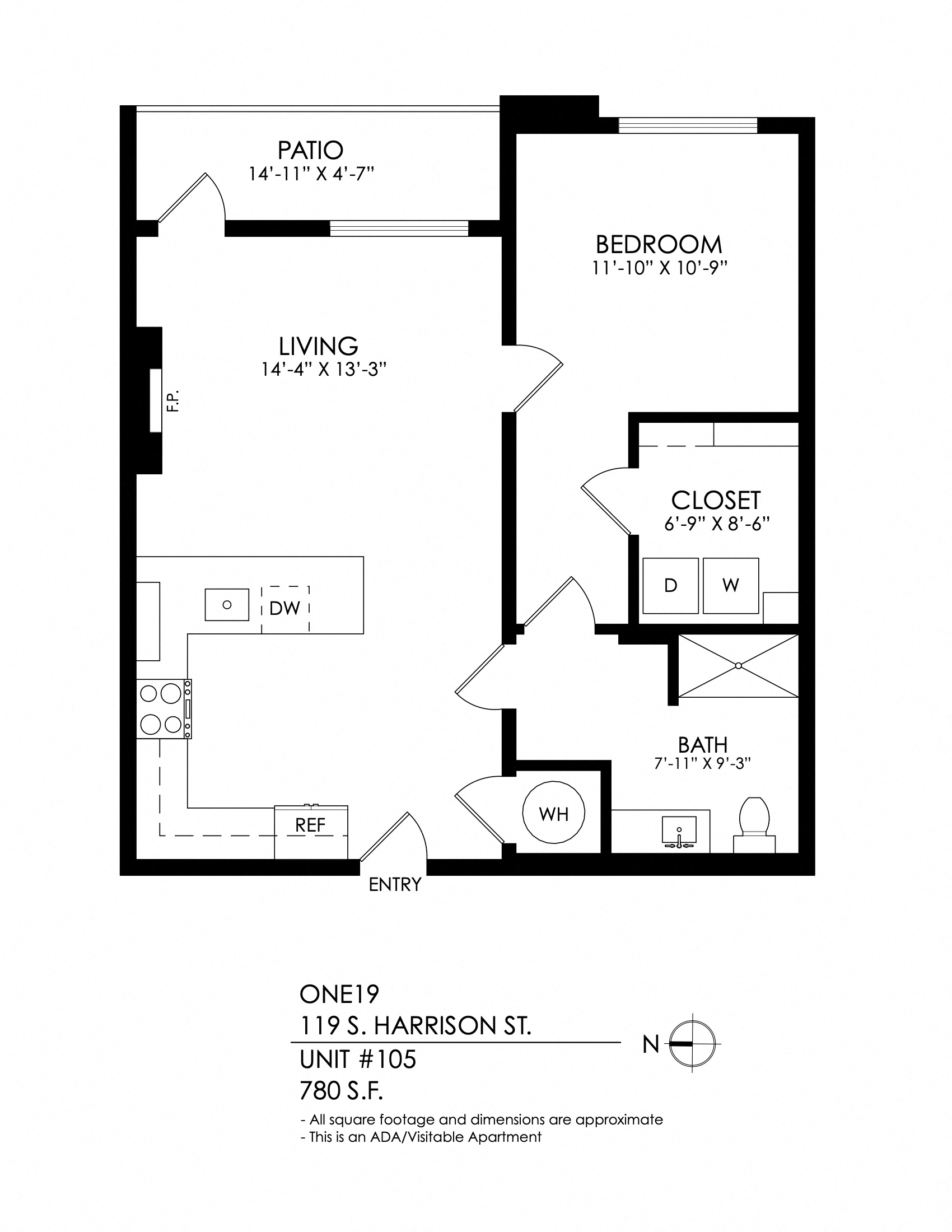 Floor plan for 1 bed, 1 bath, 780 sqft